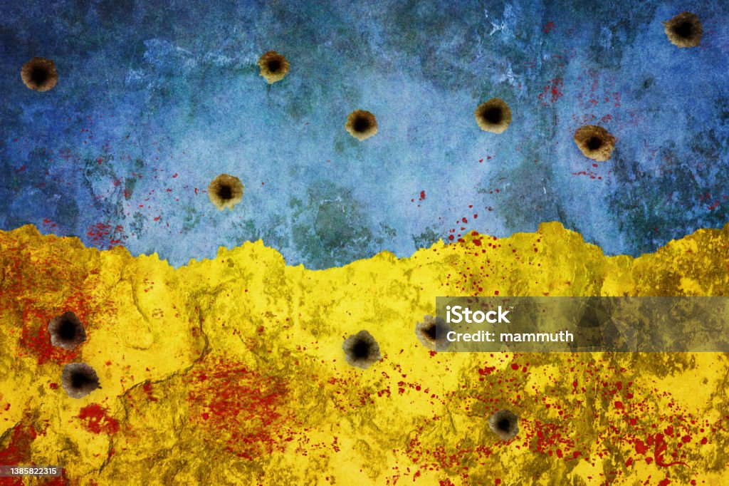 Ukrainian colors on damaged wall damaged wall Ukraine Stock Photo