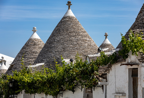 Alberobello, Italy - September 16, 2019: Tradtional white houses in Trulli village. Alberobello, Italy. The style of construction is specific to the Murge area of the Italian region of Apulia (in Italian Puglia). Made of limestone and keystone.
