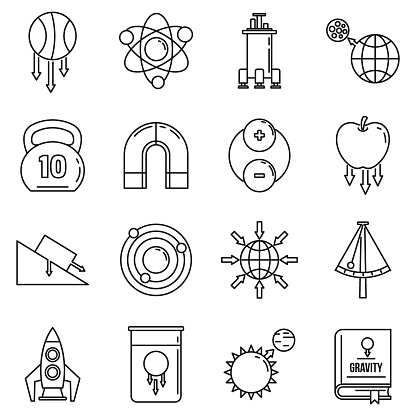 Gravity force icons set. Outline set of gravity force vector icons for web design isolated on white background