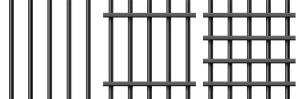 istock Black realistic metal prison bars isolated on white background. Detailed jail cage, prison iron fence. Criminal background mockup. Creative vector illustration 1385841591