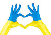 Hands forming a heart with Ukraine flag. Russia Ukraine war peace concept. Ukraine help