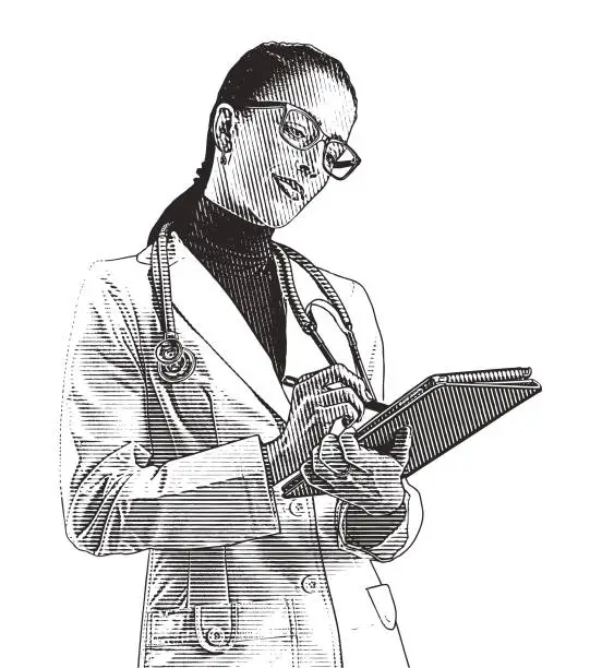 Vector illustration of Successful female doctor using digital tablet