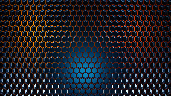 Abstract textured honeycomb mesh, metallic. 3D digital render