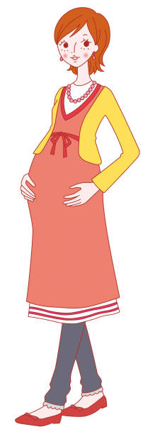 Pregnant woman putting her hand on her stomach A happy pregnant woman who is holding her bloated stomach carefully. babyproof stock illustrations