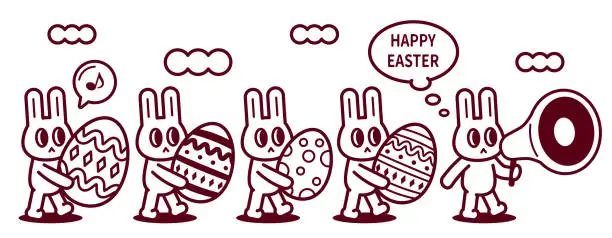 Vector illustration of Group of happy Easter bunny announcing with a megaphone and delivering Easter Eggs