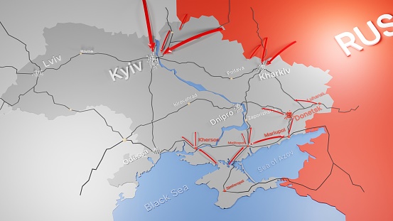 Map of Ukraine showing the advance of the Russian invasion in March 2022. Digital 3D rendering.