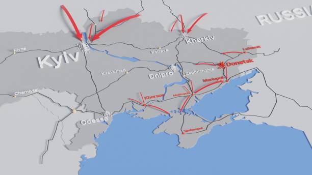 map of ukraine showing the advance of the russian invasion in march 2022. digital 3d rendering. - donetsk stok fotoğraflar ve resimler