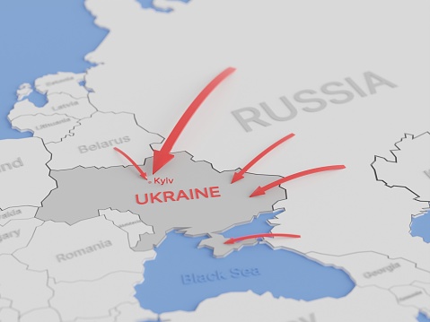 Mapa de Ucrania que muestra el avance de la invasión rusa en marzo de 2022. Renderizado digital 3D. photo
