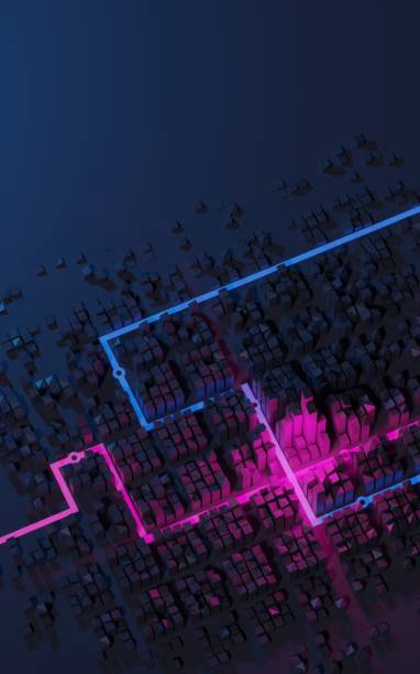 Modern vibrant night city concept abstract background with neon lights. Digital 3D rendering.