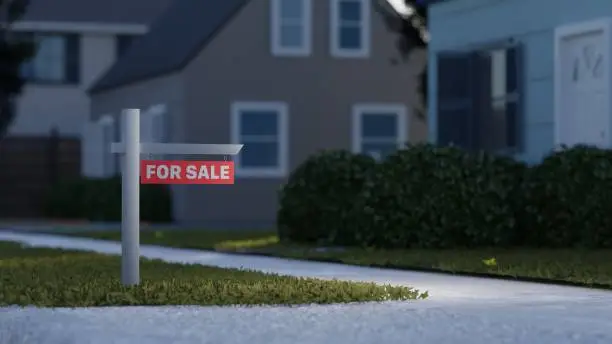 Real estate sign in front of a house for sale in a nice suburban neighborhood. Digital 3D rendering.