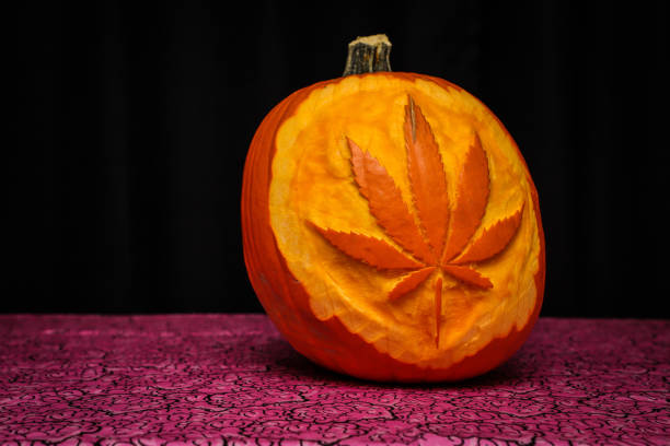 Cannabis leaf carved into pumpkin