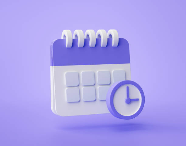 istock Purple calendar clock icon 3d reminder notification concept website ui on purple background 3d rendering illustration 1385868923