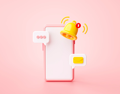 Smartphone message e-mail notification icon website ui on pink background 3d rendering illustration