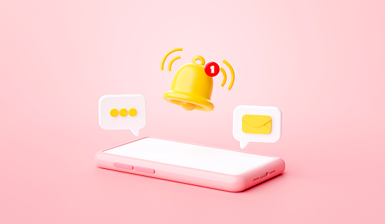 Smartphone reminder notification icon website ui on pink background 3d rendering illustration