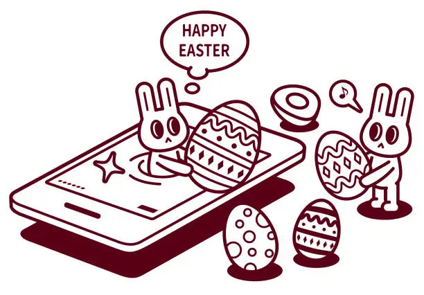 Vector illustration of Easter greetings with smartphone, happy Easter bunny turning up on smartphone screen and sending Easter Eggs