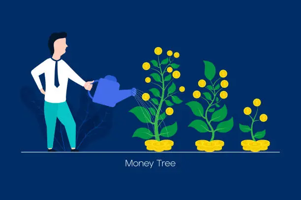 Vector illustration of Businessman with pot watering profitable money tree