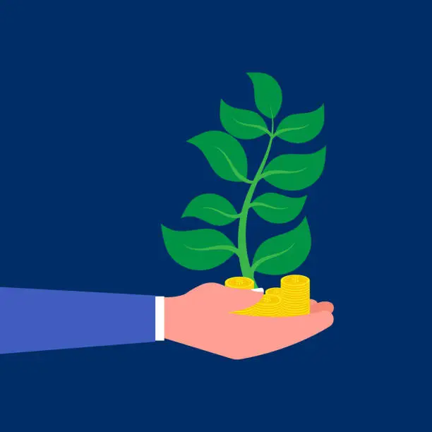 Vector illustration of Human hand holding stacks of coins and growth plant