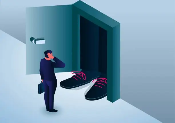 Vector illustration of The door to the success of the businessman is blocked by the feet of giants, the obstacles and difficulties of the road to success