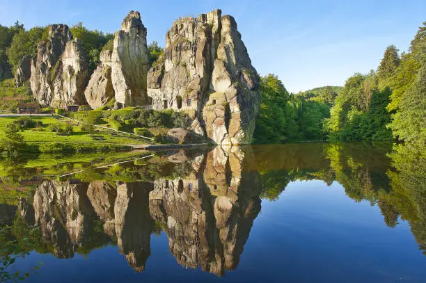 Externsteine, Teutoburger Forest, North Rhine-Westphalia, Germany, Rock Formation, Sandstone, Park, Pond, Reflection in the Water, Nature Reserve, cultural and historical Region, Attraction, Point of Interest