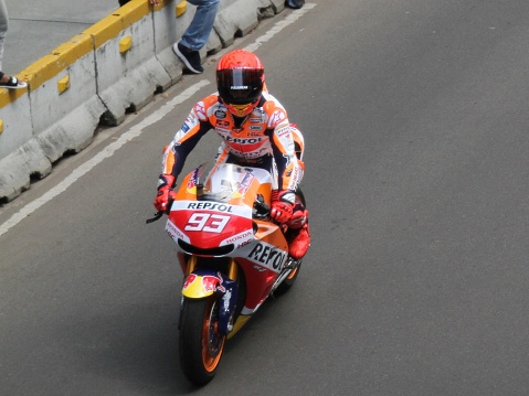 MotoGP racers parade at West Freedom Street area, Central Jakarta, Wednesday (16/3/2021).  The government will hold a MotoGP parade as a form of promotion as well as welcoming the 2022 Indonesian MotoGP event.