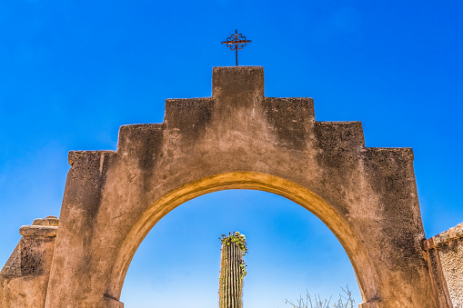 Garden Gate Cross Blooming Saguaro Cactus Mission San Xavier del Bac Catholic Church Tucson Arizona Founded 1692