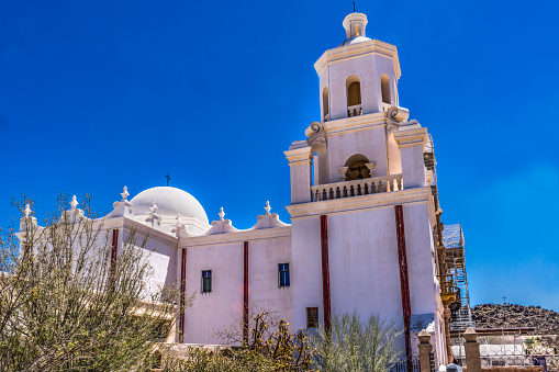 Towers Outside Mission San Xavier del Bac Catholic Church Tucson Arizona Founded 1692 rebuilt 1700s Run by Franciscans Best Example Spanish Colonial architecture