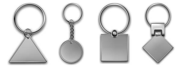 istock Holder trinket in other shapes isolated on white background. Realistic template metal keychain set. Trinket keyring, keyholder and breloque illustration. 1385880820
