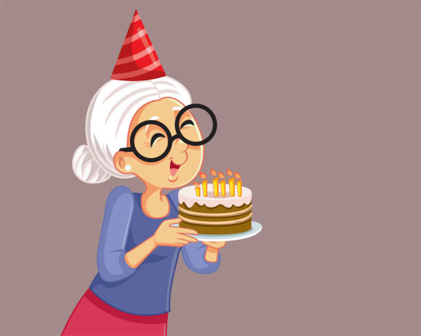 Old Woman Homemade Birthday Cake Vector Cartoon Illustration Grandmother baking homemade dessert with love and dedication for her family over the hill birthday stock illustrations