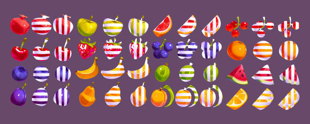 ilustraciones, imágenes clip art, dibujos animados e iconos de stock de iconos de juegos de frutas o bayas para casino, aplicación móvil - plum grape fruit clip art