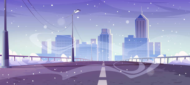 Overpass car road to city in winter Overpass car road to city in winter. Vector cartoon illustration of cityscape, highway bridge with railings, street lights and snow, house buildings and skyscrapers on skyline and snowfall snow storm city stock illustrations