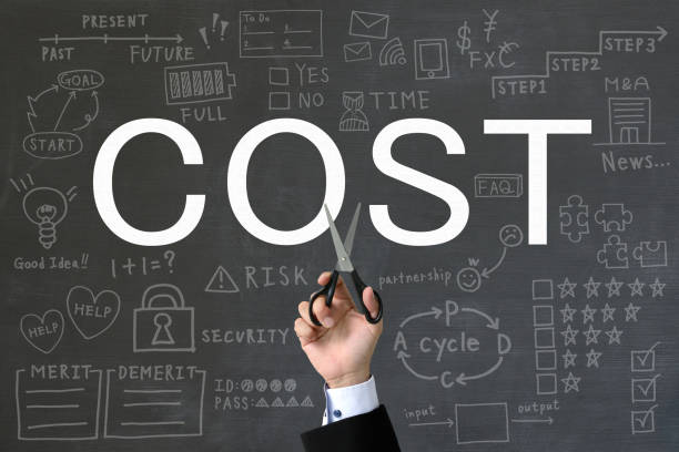 Cost cutting images, businessman's hand with sccisors and "COST" word stock photo