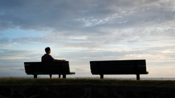 istock Man sitting on the bench facing the sea at dawn. Another empty bench by the side. 1385900938
