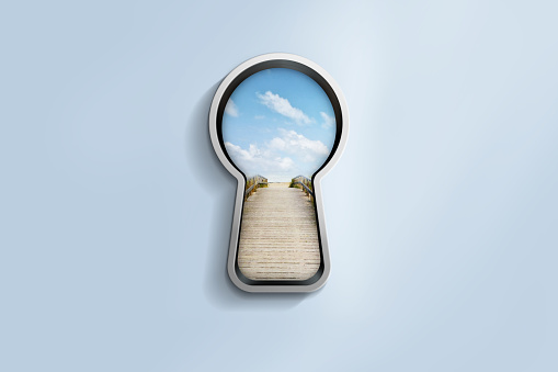 Light blue wall with silver keyhole window path to freedom view. Path, access, life concept. 3D illustration