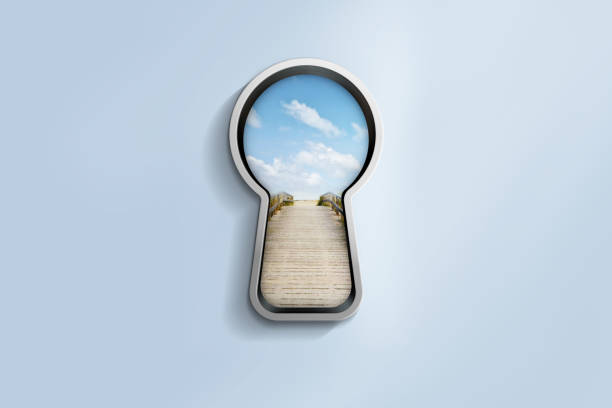 Light blue wall with silver keyhole window path to freedom view. Path, access, life concept. 3D illustration concept idea of peek in keyhole find the secret path to another sky world keyhole photos stock pictures, royalty-free photos & images