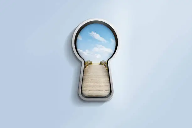 Photo of Light blue wall with silver keyhole window path to freedom view. Path, access, life concept. 3D illustration