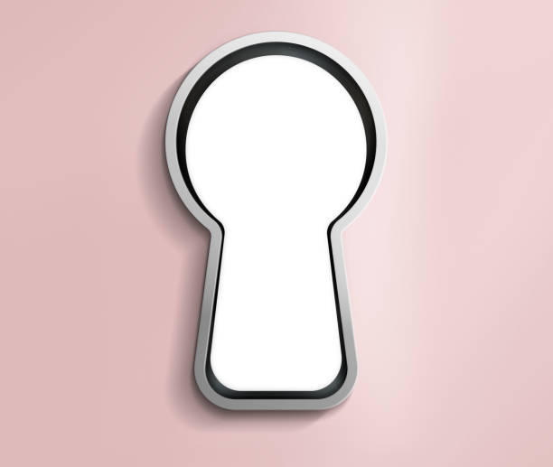 concepts de coup d’œil dans le secret de quelque chose. un espace blanc vide dans le trou de serrure entouré d’un fond mural rose rouge pastel. illustration. - keyhole lock unlocking hole photos et images de collection