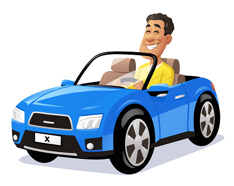 Vector illustration of a cheerful young man driving a blue car.