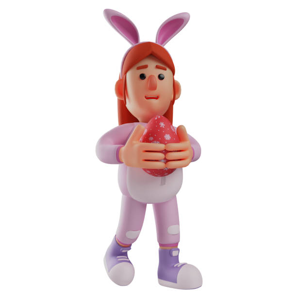 bunny girl 3d cartoon bild mit einem easter egg - easter easter bunny fun humor stock-fotos und bilder