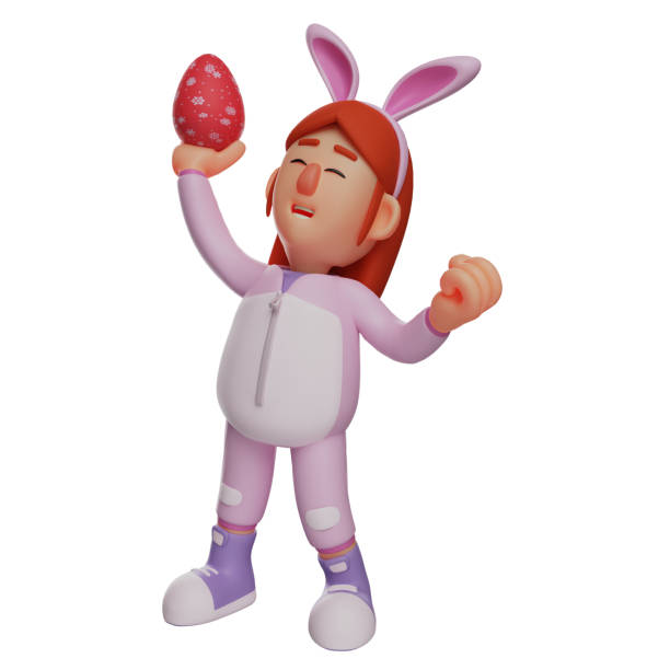 bunny girl 3d cartoon figur mit einem schönen easter egg - easter easter bunny fun humor stock-fotos und bilder