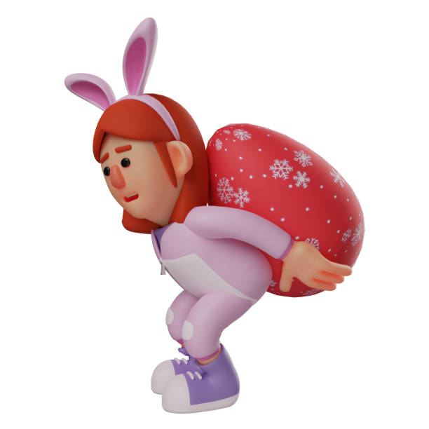 3d bunny girl cartoon design trägt ein osterei - easter easter bunny fun humor stock-fotos und bilder