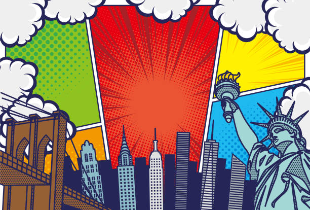 ilustraciones, imágenes clip art, dibujos animados e iconos de stock de ilustración de fondo del paisaje urbano de nueva york de estilo arte pop - new york city