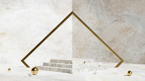 Elegant white marble podium with a gold metallic arch and marble and golden spheres on the floor. Luxury 3d scene for product presentation.