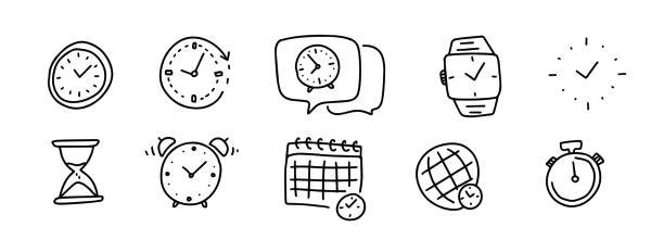 ikony doodle czasu. oglądaj kolekcję ręcznie rysowanych elementów. rysunkowa ilustracja wektorowa zegarków. - quick draw stock illustrations
