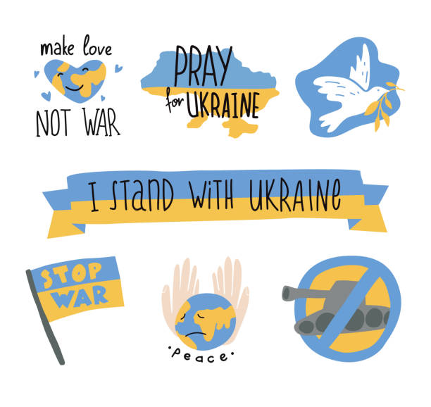 kein krieg in der ukraine. aufkleber und elemente. ukraine karte und flagge. unterstützung für die ukraine. friedensbeschriftung. stop war doodle vektorsammlung. - president of russia stock-grafiken, -clipart, -cartoons und -symbole