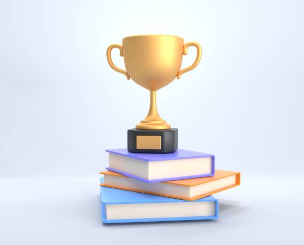 Golden cup, trophy or winner prize stand on stack books. Achievement in education, study award, successful student, excellent academic performance. Gold goblet for contest or competition, 3d render