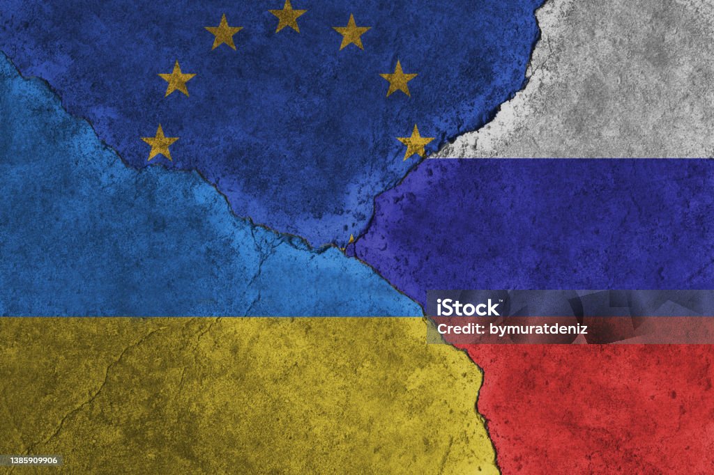 Ukraine vs EU vs Russia national flags Russia Stock Photo