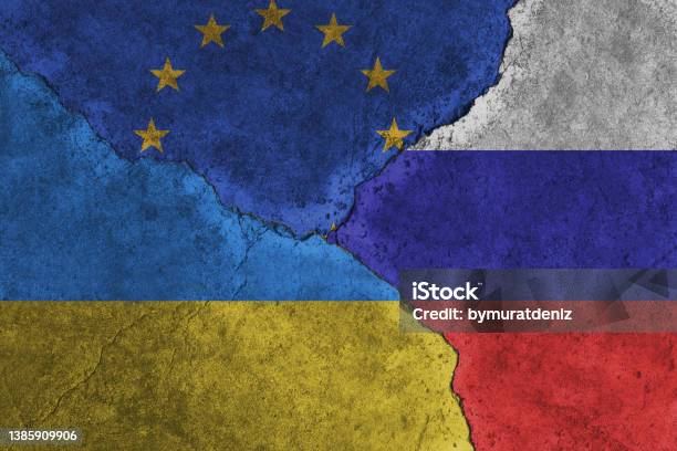 Ukraine Vs Eu Vs Russia National Flags Stock Photo - Download Image Now - Russia, European Union, European Union Flag