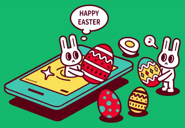 Vector illustration of Easter greetings with smartphone, happy Easter bunny turning up on smartphone screen and sending Easter Eggs