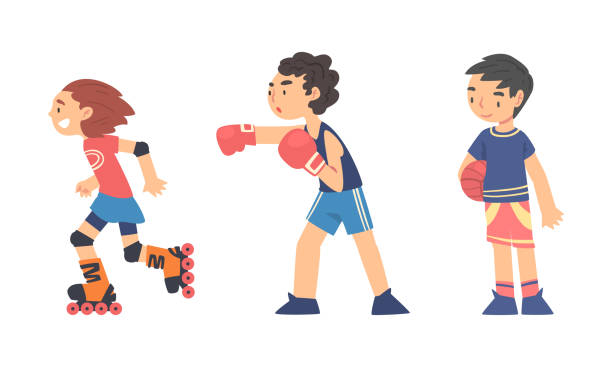 mała dziewczynka na rolkach i boksie chłopców robiąc sport zestaw wektorowy - basketball little boys male young adult stock illustrations