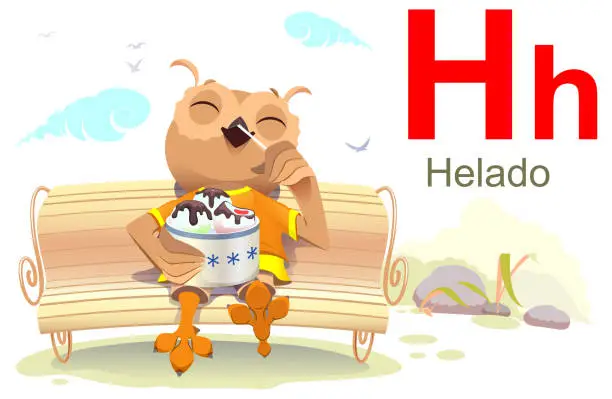 Vector illustration of ABC spanish alphabet letter H helado. Owl sit bench and eat ice cream